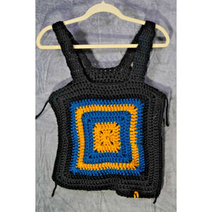 Handmade Crochet Granny Square Tank Top Black Blue Yellow S/M Boho Festival Knit